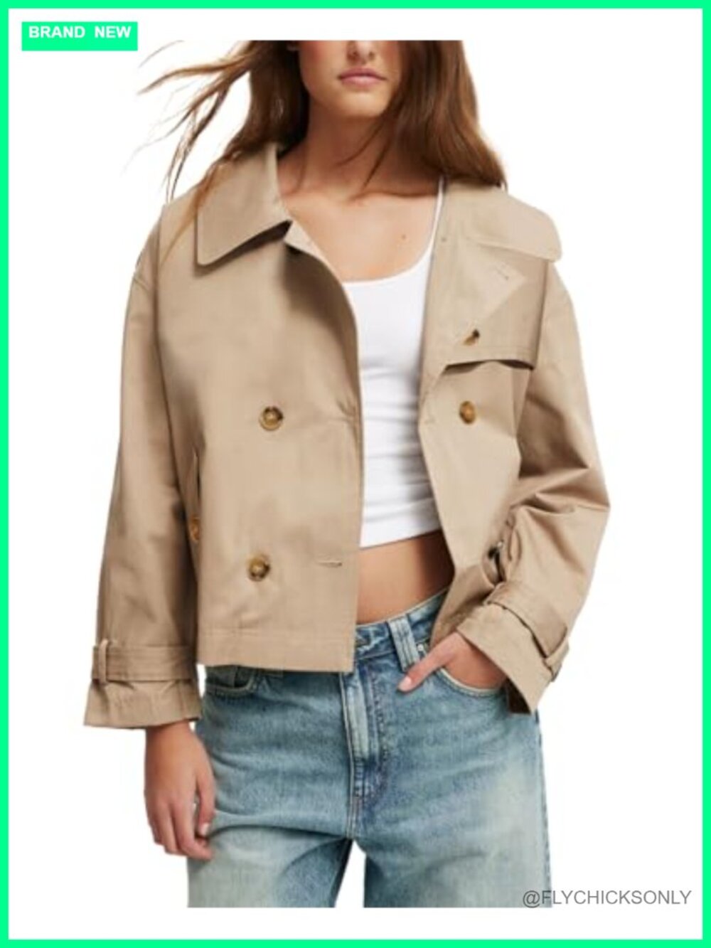 Cropped Trench Coat Double Breasted Notched Lapel Loose Fit Fall Jacket